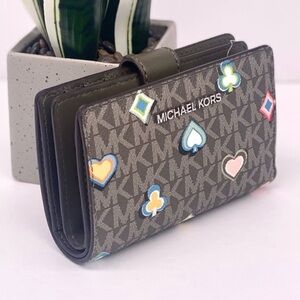 Michael Kors Multicolor Patterned Bifold Medium Wallet Olive